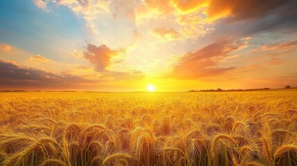 Obraz premium Golden wheat field in the countryside extends to the horizon beneath a sky showcasing vibrant colors at sunset