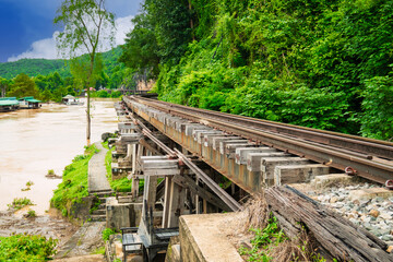 The Death Railway crossing kwai river with Krasae Cave in Kanchanaburi Thailand Important landmark and destination to visiting and world war II history builted