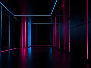 A room with a wall of neon lights.