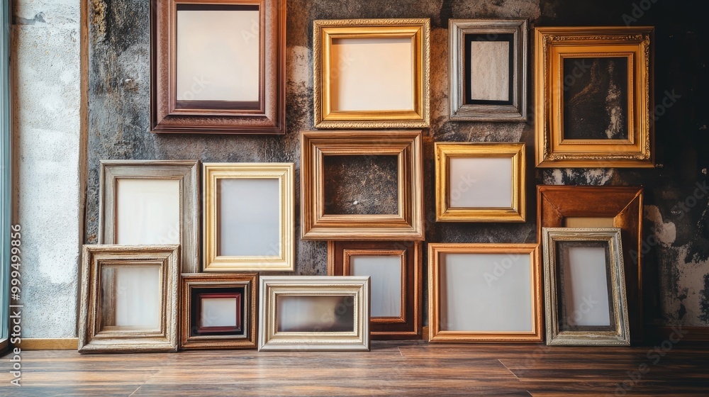Poster a variety of empty picture frames in different sizes arranged on a wooden floor in a room featuring 