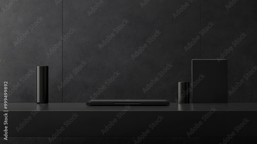 Aufkleber sleek black matte tech product display table in a modern minimalist studio environment