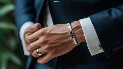 close-up of a mens silver bracelets as an element of his business style