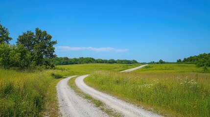 Fototapeta premium Narrow country road set against a backdrop of clear blue skies