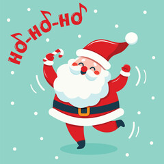 A cheerful cartoon illustration of happy Santa Christmas dance and sings Ho ho ho. Christmas sticker design element adds to the holiday spirit. Vector illustration in flat cartoon style