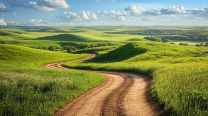 Obraz premium Curving dirt path meandering through lush green hills on a sunny summer day in a rural landscape