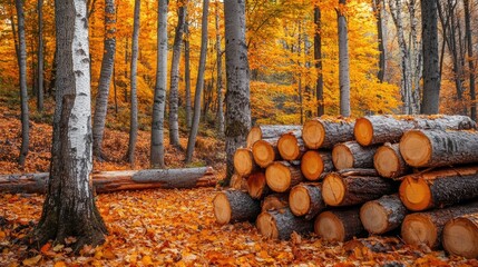 A beautiful autumn landscape showcasing stacked logs amidst vivid orange and yellow leaves in a...