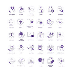 Vector icon set for Medical and Healthcare Services. Includes icons for diagnosis, medical staff, treatment, and hygiene, representing essential healthcare functions.