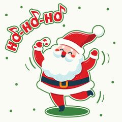 A cheerful cartoon illustration of happy Santa Christmas dance on white background. Christmas sticker design element adds to the holiday spirit. Vector illustration in flat cartoon style
