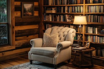 Cozy reading nook with a comfortable armchair, a table lamp, and bookshelves filled with books.