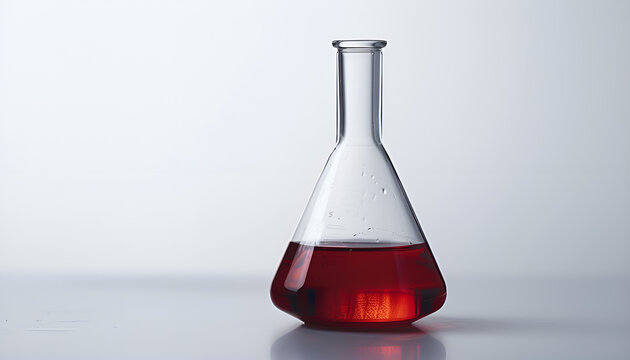 Florence flask with liquid on white background. Chemistry glassware