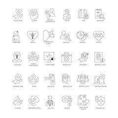 Vector icon set for Healthcare and Patient Services. Comprehensive icons for monitoring health, emergency services, hygiene, and medical costs, covering vital health aspects.