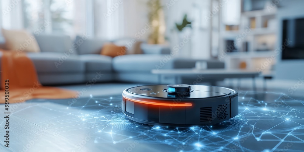 Aufkleber an AI-driven robot vacuum, with sensors mapping the environment and AI algorithms optimizing the cleaning paths for efficient home automation.