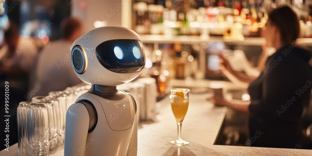 Poster a robot in a hospitality setting, serving drinks and interacting with customers, featuring a friendly, human-like interface for seamless interaction.