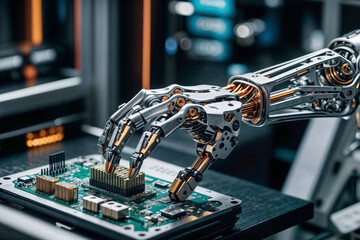 A robotic hand is touching a computer chip. Concept of precision and control, as the robotic hand is able to manipulate the small electronic component with ease