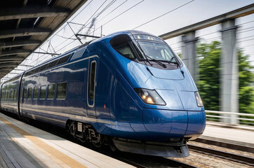 Fototapeta premium A blue train is traveling down the tracks. The train is long and has many windows. The train is moving quickly and is surrounded by a lot of wires