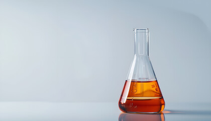 Florence flask with liquid on white background. Chemistry glassware