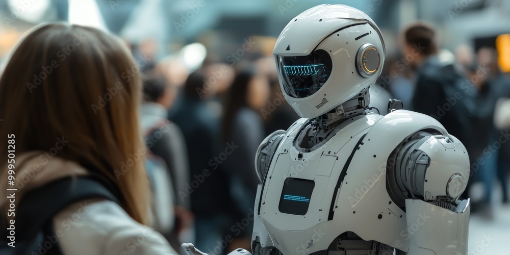 Aufkleber a humanoid robot interacting with people, with AI-driven responses and gestures enhancing human-robot communication.