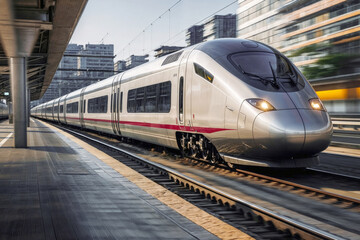 Naklejka premium A silver train is moving down the tracks at a train station. The train is long and sleek, and it is moving quickly