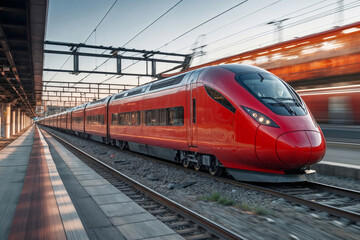 Obraz premium Speed red train in motion. Red train with motion blur background