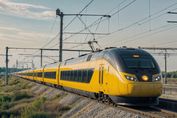 Obraz premium A yellow train is traveling down the tracks. The train is long and has many windows. The train is surrounded by trees and grass