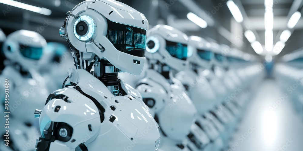 Poster a robot control system, featuring a centralized interface managing multiple autonomous robots in a coordinated industrial effort.