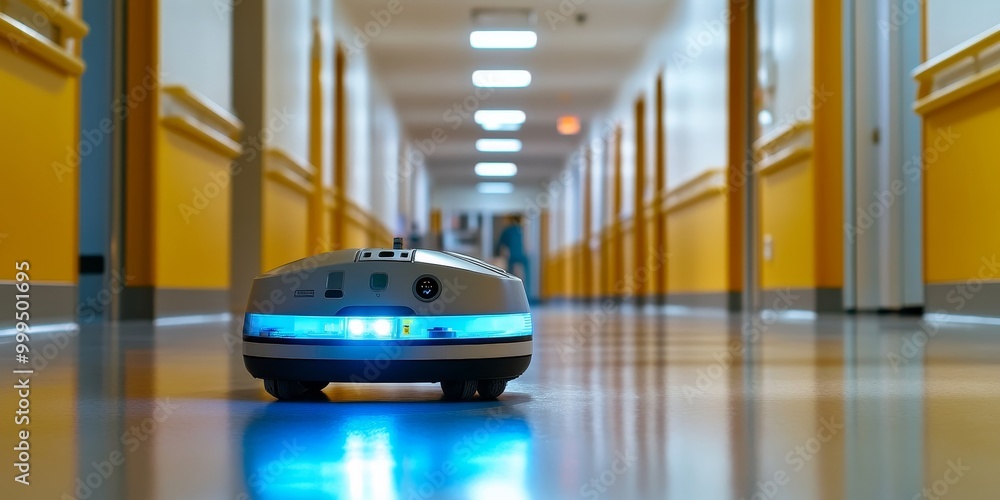 Poster a robot delivering medications in a hospital, autonomously navigating corridors and interacting with