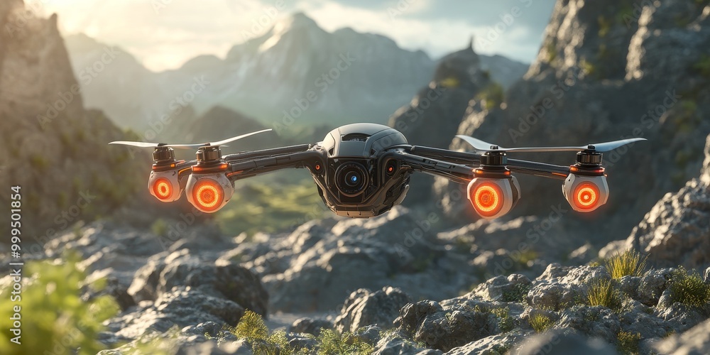 Aufkleber a drone robot with AI vision, flying autonomously through complex environments, avoiding obstacles with high-precision sensors.
