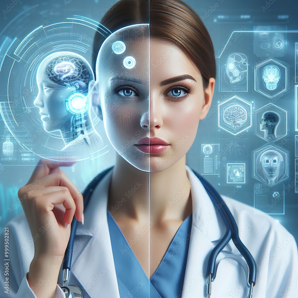 Poster a futuristic scene of a female doctor using ai technology to analyze patient data. the split view of
