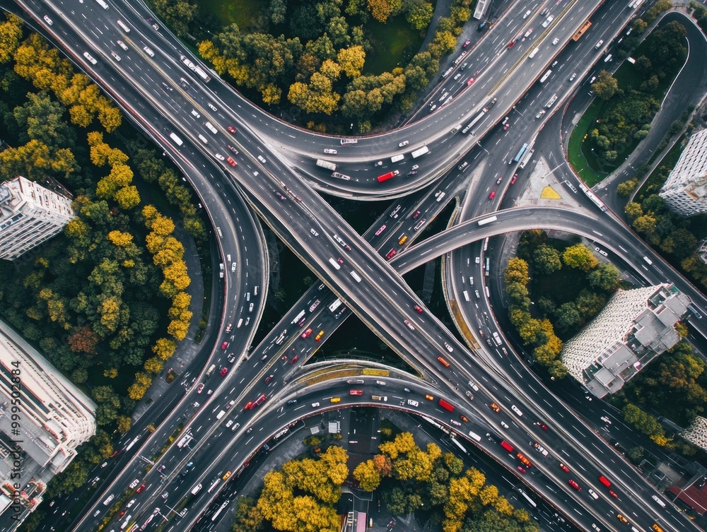 Aufkleber a complex highway intersection from an aerial view, showing multiple roads crossing over each other