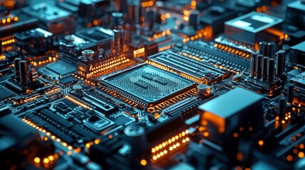 Obraz premium A futuristic factory with automated machines producing advanced technology items, such as microchips.