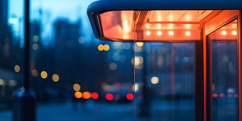 A close-up of an illuminated bus stop shelter at dusk, with city lights starting to twinkle in the background