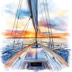 Watercolor Painting of a Sailboat at Sunset.