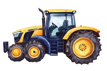 Yellow Tractor with Watercolor Texture Isolated on White Background.