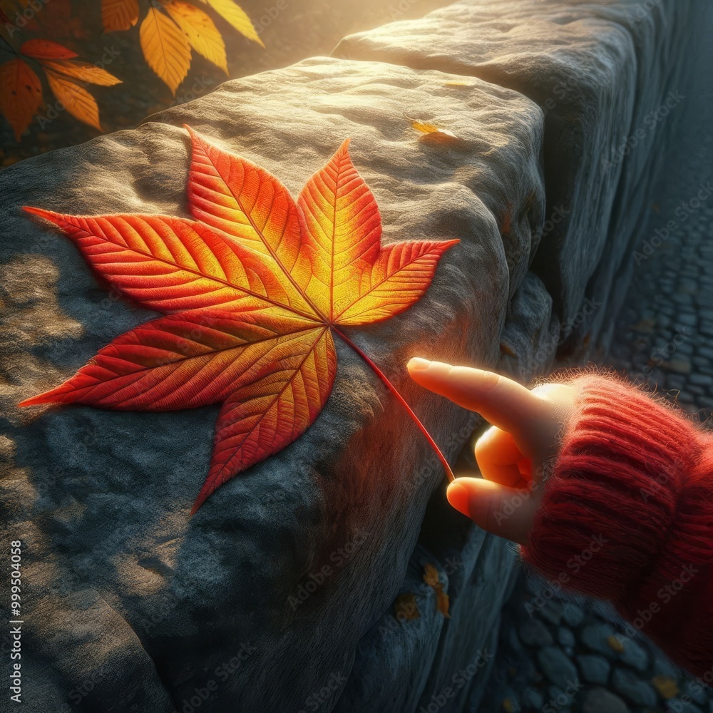 Aufkleber a close-up of a vibrant autumn leaf resting on a stone wall, illuminated by the soft glow of sunset.