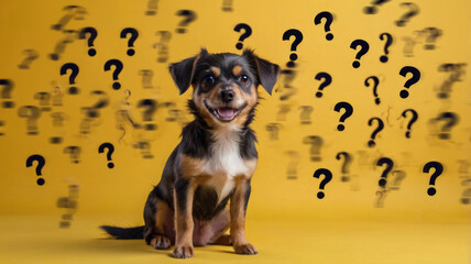 Adorable Small Dog Sitting on Yellow Background Surrounded by Piles of Cut-Out Question Marks, Holding a Speech Bubble with a Question Mark, Cute Pet with Inquisitive Expression