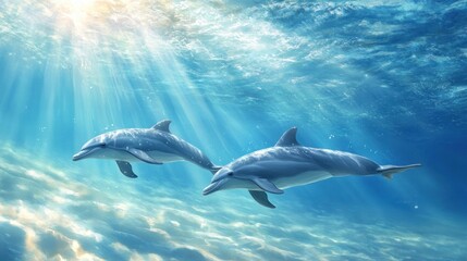 Fototapeta premium Two Dolphins Swimming in Sunlight