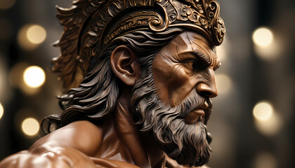 Obraz premium A close-up of a glamour sculpture of a man. It is a muscular mythical hero with a complex design and many details