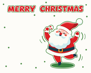 A cheerful cartoon illustration of happy Santa Christmas dance on white background. Christmas sticker design element adds to the holiday spirit. Vector illustration in flat cartoon style