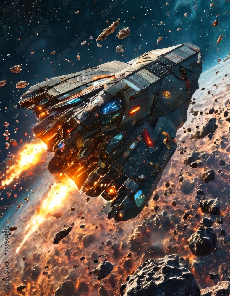Poster a dynamic scene of a futuristic spaceship navigating through a dense asteroid field in deep space. t