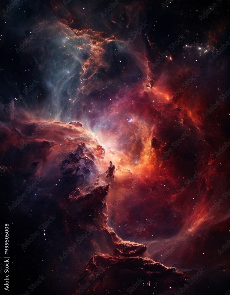 Poster a mesmerizing view of a dark nebula illuminated by glowing star formations in deep space. the intric