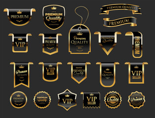 Gold and black luxury labels and badges premium quality certificate ribbons vector illustration