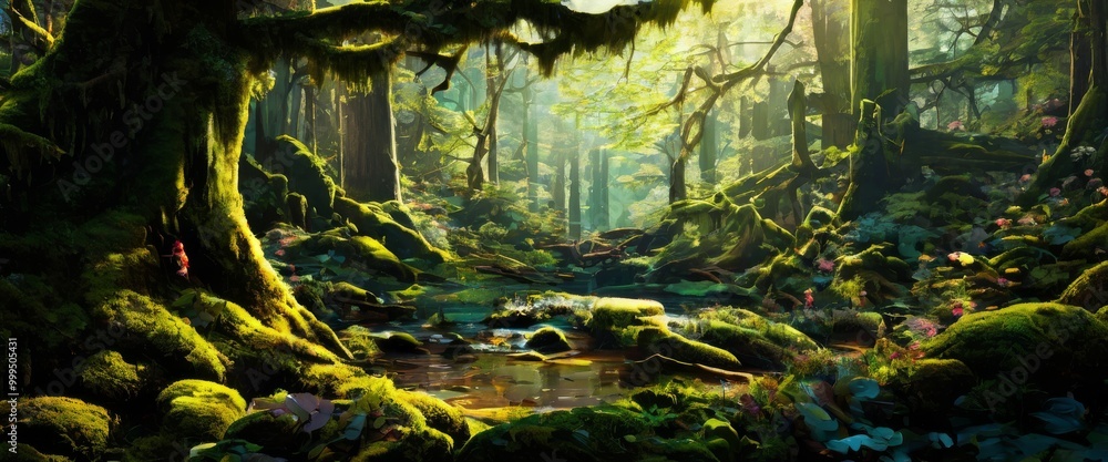 Poster an enchanting forest scene with moss-covered trees and a small creek. sunlight filters through the d