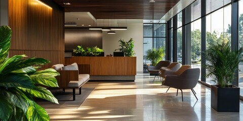 Modern office interior with sleek furniture, open spaces, and natural light creating a stylish and professional work environment.