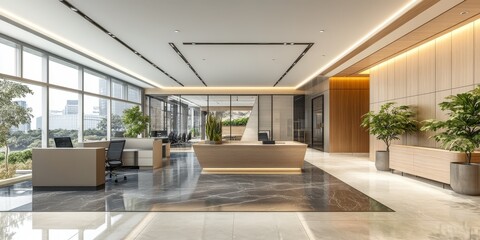 Modern office interior with sleek furniture, open spaces, and natural light creating a stylish and professional work environment.