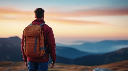 Adventurer Watching Sunset Over Mountain Landscape