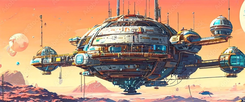 Poster a massive futuristic space station with multiple domes and landing platforms orbits a distant alien 