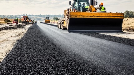A section of an asphalt road under construction with visible machinery and workers applying the final layers. This image captures the process of road improvement and maintenance