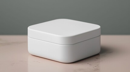 A minimalist white box rests on a surface, embodying simplicity and modern design against a muted background.