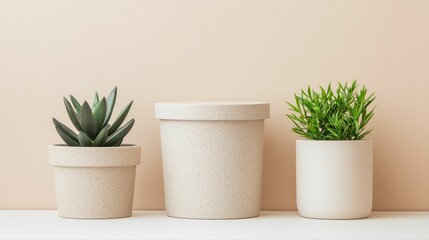 Obraz premium A minimalist display of three potted plants against a neutral background, showcasing modern design and greenery for interior decor.