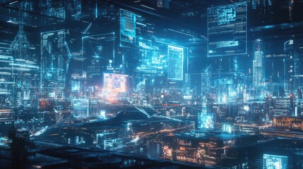 Digital technology in use, with futuristic screens and digital interfaces overlaying a cityscape